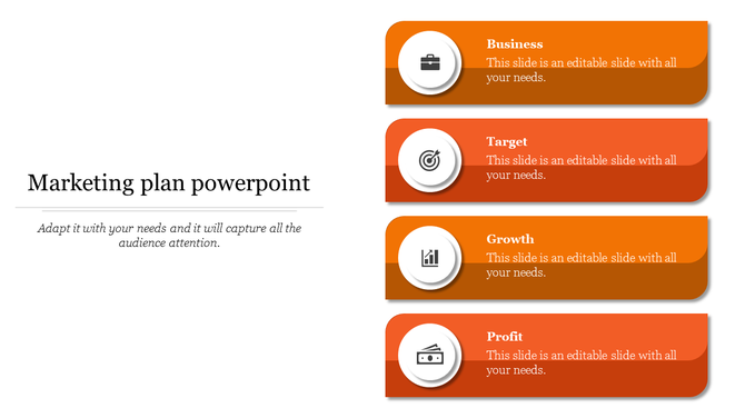 Orange theme marketing plan PowerPoint slide with business, target, growth, and profit sections with icons and text.