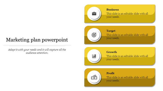 Minimalist marketing presentation slide featuring a four-step framework represented in yellow banners with icons.