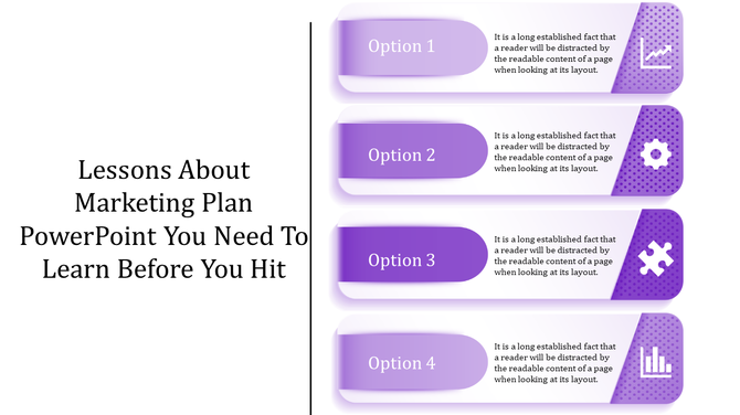 Vertical layout with four purple banners labeled 1 to 4, each with text and icons for a marketing plan.