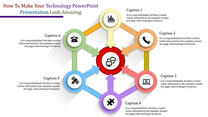Technology PowerPoint template with six colorful icons and corresponding captions for each section.