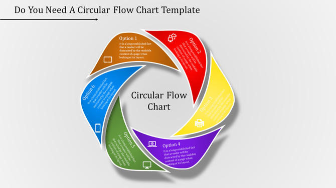 Circular flow chart template with six colored sections, each containing an option with an icon and text.
