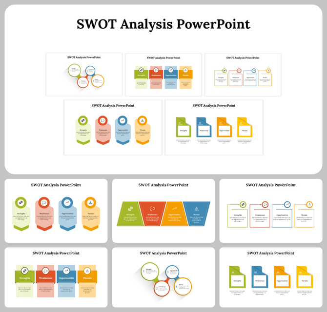 SWOT analysis slide deck featuring showcasing circular, linear, and tabular designs with color coded sections.