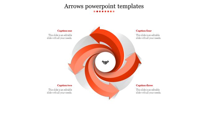 Circular design of four orange arrows spiraling inward, with captions positioned around the graphic.