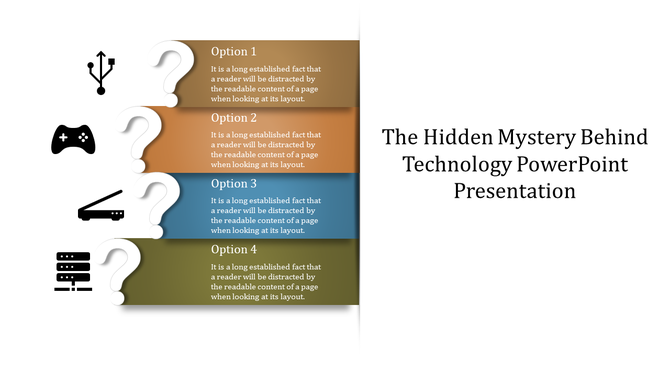 Technology slide with four sections for options, each linked to icons like USB, gaming, modem, and server on the left.
