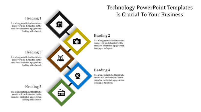 Technology slide with five sequential diamonds containing icons for tech concepts like connectivity and media.
