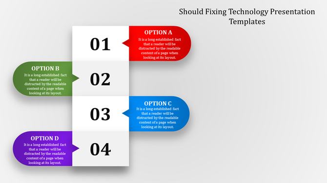 Technology slide featuring four vertical blocks with step number 01 to 04 and colored tabs indicating options A, B, C, and D.