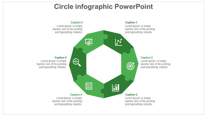 Green circle infographic PowerPoint template featuring six numbered sections with icons and text placeholders.