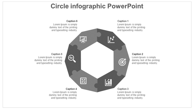 Octagonal circular infographic with six dark gray segments, each featuring an icon and linked to a caption area.