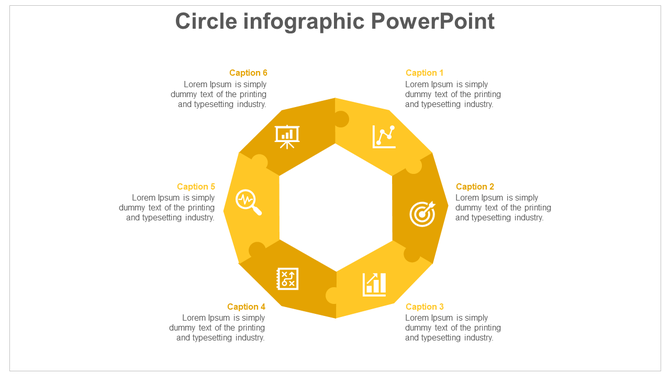Circular infographic with six yellow segments, each with an icon and space for captions, arranged in a hexagonal layout.