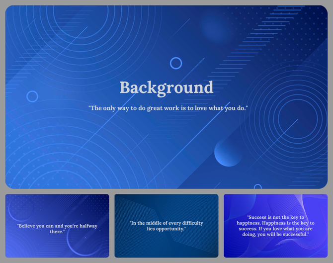 Blue gradient background with circular patterns and abstract graphics across four slides each with a quote.