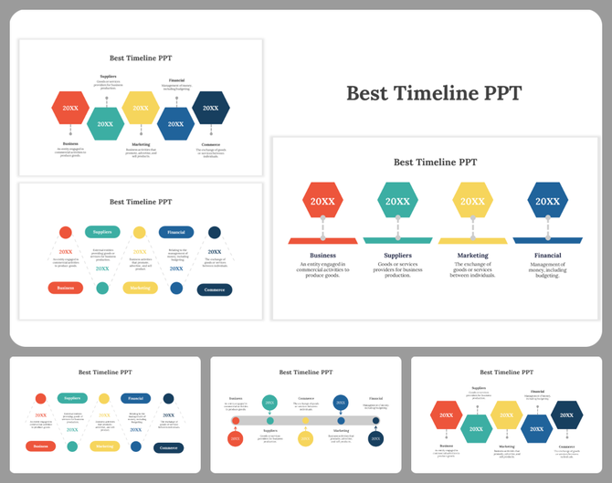 Timeline slides showcasing a series of steps with colorful hexagonal icons representing many sections in different layouts.