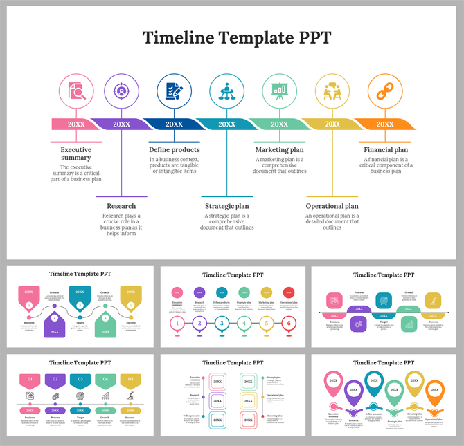  A colorful timeline with stages for business planning, including icons and text boxes aligned with year markers.