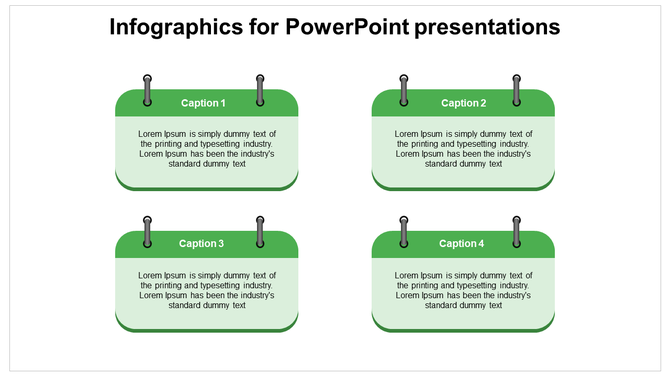 Grid of four green rectangular infographic elements pinned at the top, each containing captions and descriptive text.