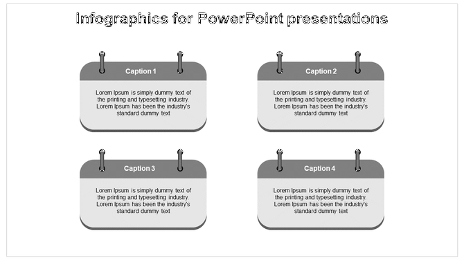Infographic with four gray clipboard style text blocks, each featuring a caption at the top and placeholder text below.