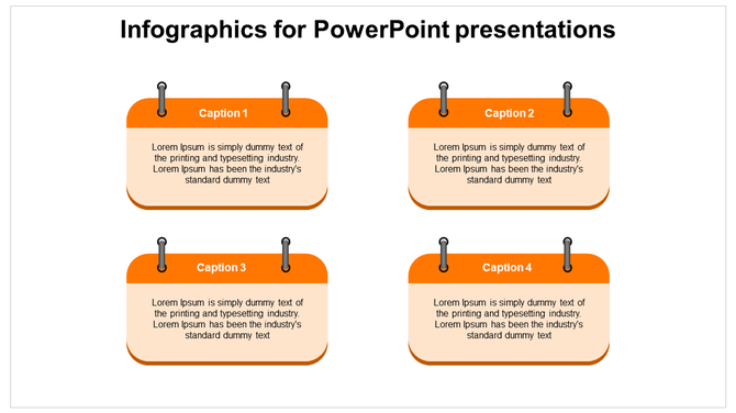 Four orange sticky notes with pins at the top, each with space for text in a 2x2 grid on a white background.
