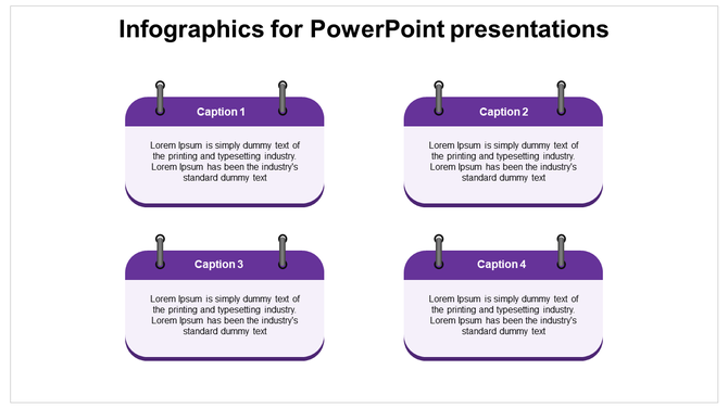 PowerPoint slide with four captioned sections, each featuring purple infographic boxes with paperclip icons.