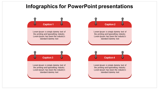 Infographic with four red clipboard style text blocks, each featuring a caption at the top and placeholder text below.
