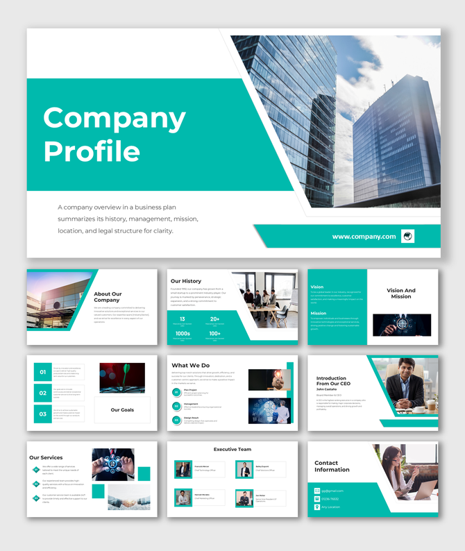 Company profile slide showcasing the founder, Steve Timbers, with a photo and a section of text with social media icons.