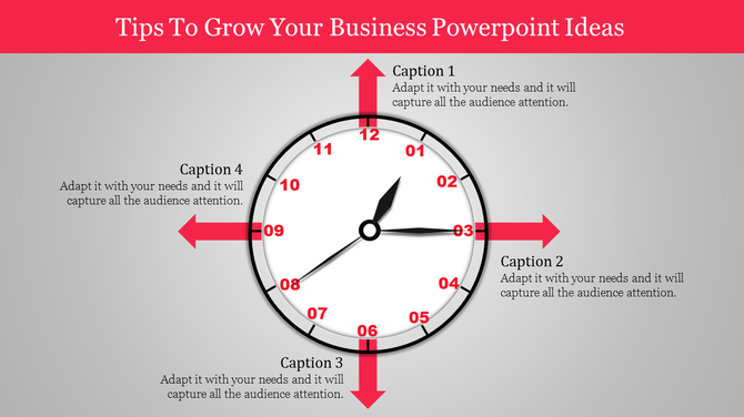Business growth clock graphic featuring red directional arrows pointing at positions with captions around the clock.