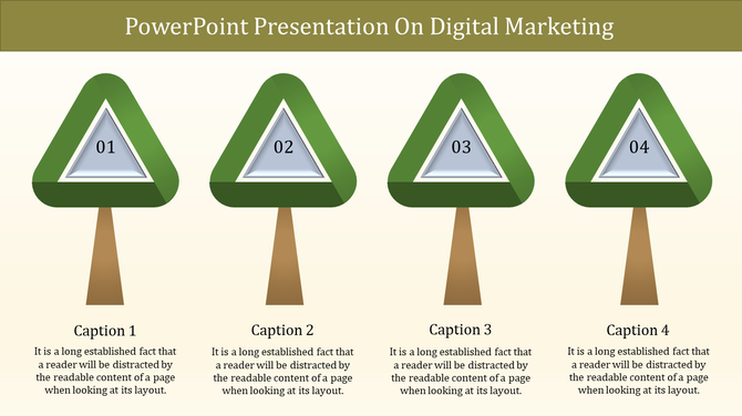 Digital marketing template with four stylized trees, each containing silver triangular labels numbered and caption areas.