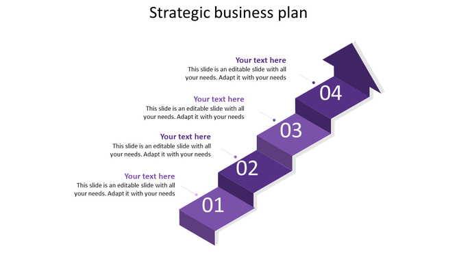 Purple 3D staircase arrow infographic with four numbered steps, ascending from 01 to 04, each linked to a text area.