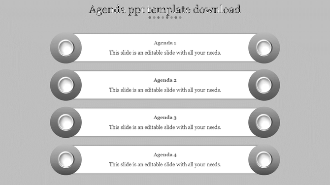 Horizontal list of four agenda items with circular icons on both sides, set against a gray background.