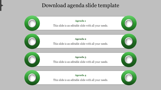 Four horizontal text boxes with green circular icons on both ends, arranged in a vertical list on a gray background.