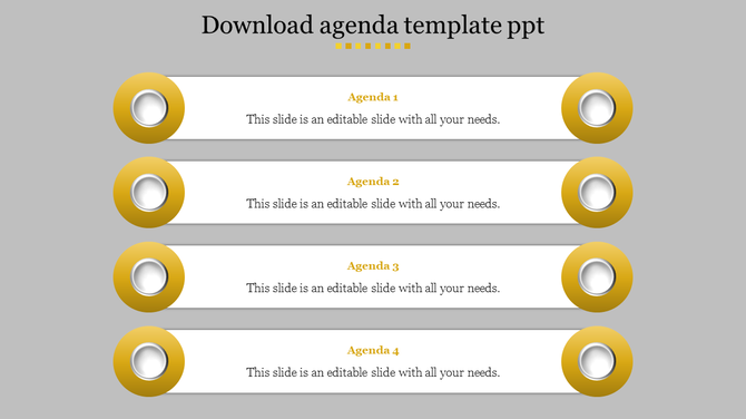 Agenda sample PPT template with four horizontal sections, each featuring a yellow circular design and text placeholders.