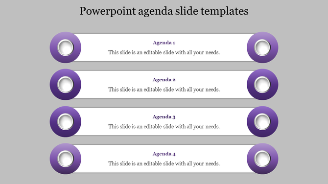 Agenda layout with four stacked white bars, each titled and bordered by purple circular icons, set on a gray background.