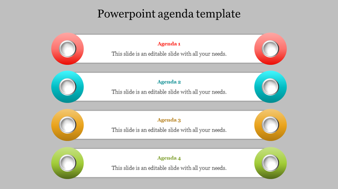 Slide with four horizontal bars with a colored circle at the ends in red, teal, orange, and green, each with text.