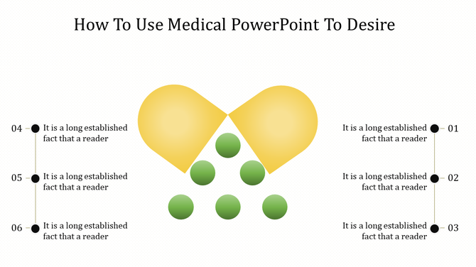 Illustration of a split capsule with green dots representing medicine, accompanied by six text placeholders.