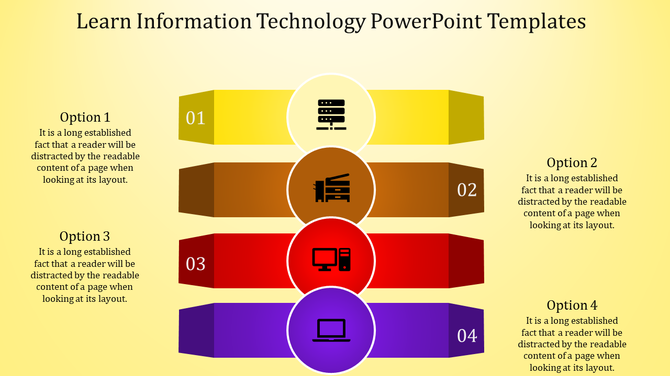 Information technology PPT slide featuring four options with icons representing server, printer, computer, and laptop.