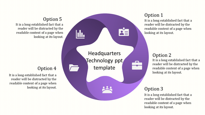Technology slide featuring a purple circular design with icons and five labeled options around a central star.