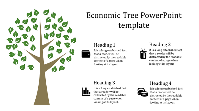Graphic of a tree with leaves, paired with four descriptive headings and icons symbolizing economic and scientific themes.