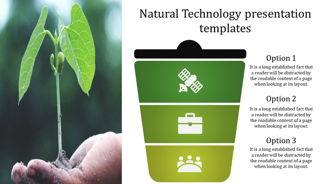 A plant in a hand on the left and a green infographic with three sections and icons labeled with captions.