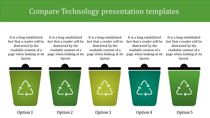 Slide comparing five technologies each represented by a recycling bin icon and accompanied by a paragraph of text.