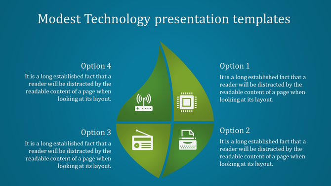 A slide showing a technology with four options wireless, processor, radio, and printer, each with corresponding icons.