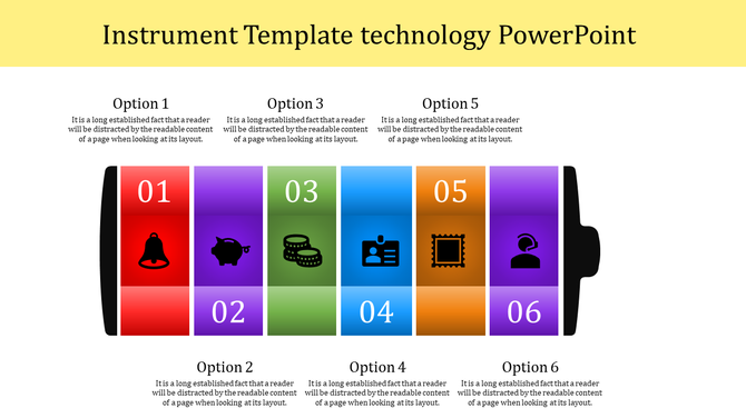 Technology infographic shaped like a battery with six numbered and color-coded sections featuring icons.