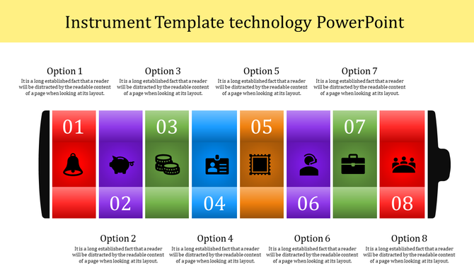 A colorful PowerPoint slide with numbered options and icons representing various tools with placeholder text.
