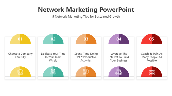 Visual representation of five key network marketing tips, each highlighted in a unique color with text and supporting icons.