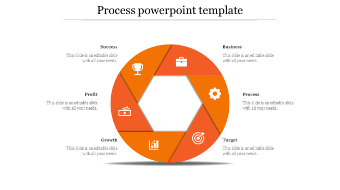 Hexagonal orange process diagram with six segments featuring business-related icons, arranged around a central hollow space.