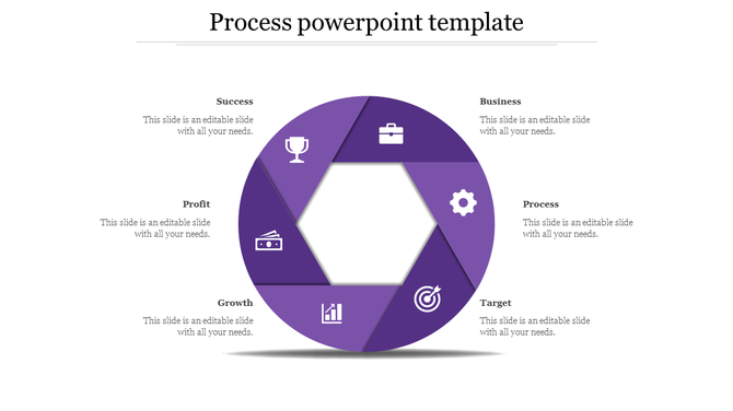 Process PPT template featuring six purple sections Success, Business, Process, Profit, Growth, and Target, each with icons.