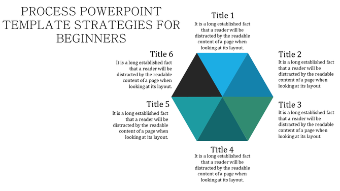Six segment hexagonal chart with blue, teal, and black sections, each paired with a text description labeled 1 to 6.