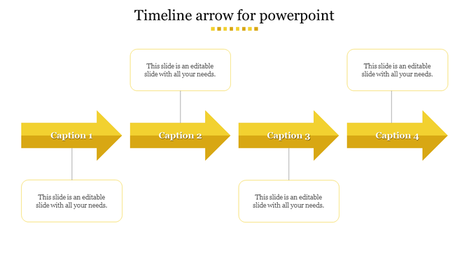 Timeline with bright yellow gradient arrows and white text boxes above and below, representing four sequential steps.
