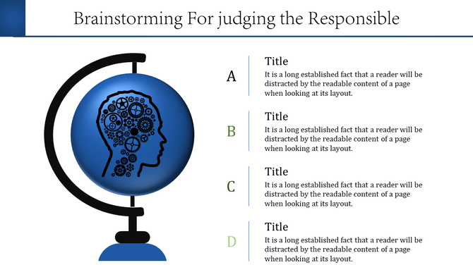 Brainstorming template with a globe illustration showing gears inside a human head silhouette, and four text sections.