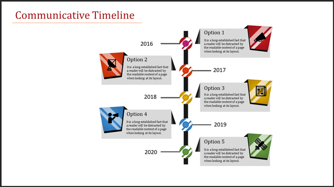 Timeline PowerPoint template featuring 2016 to 2020, with options for each year represented by icons and captions.
