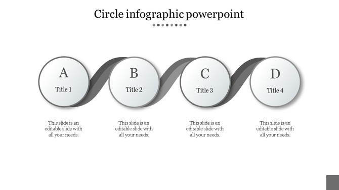 Wavy timeline infographic with four glossy white circles labeled A to D, connected by a flowing black ribbon.