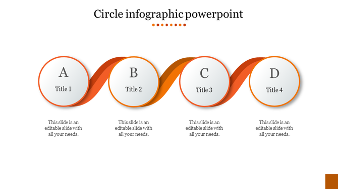 Orange circle infographic PowerPoint template with four sections A, B, C, and D, each with a title and space for text.