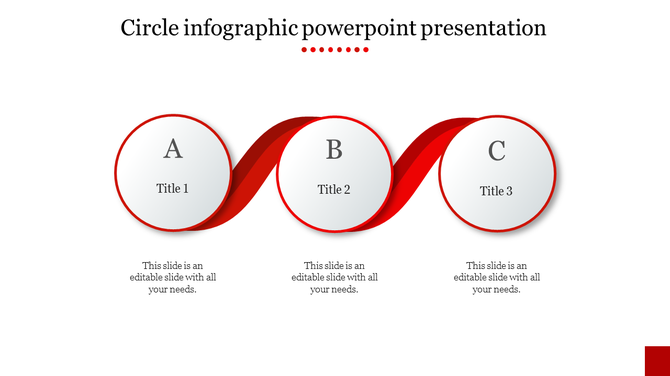 Wavy timeline infographic with three glossy white circles labeled A to C, connected by a flowing red ribbon.