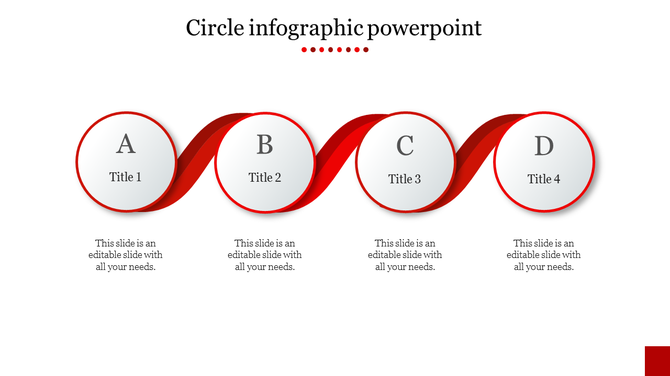Red circle infographic PowerPoint template with four sections A, B, C, and D, each with a title and space for text.